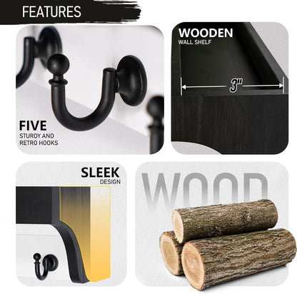 Rebee Vision Key Holder Wall Mount with 5 Hooks for Entryway, Retro Brown | Display Shelf for Plant & Letters, Key Shelf for Hats, Dog Leashes, Mail Organizer, Decorative Entryway & Living Room