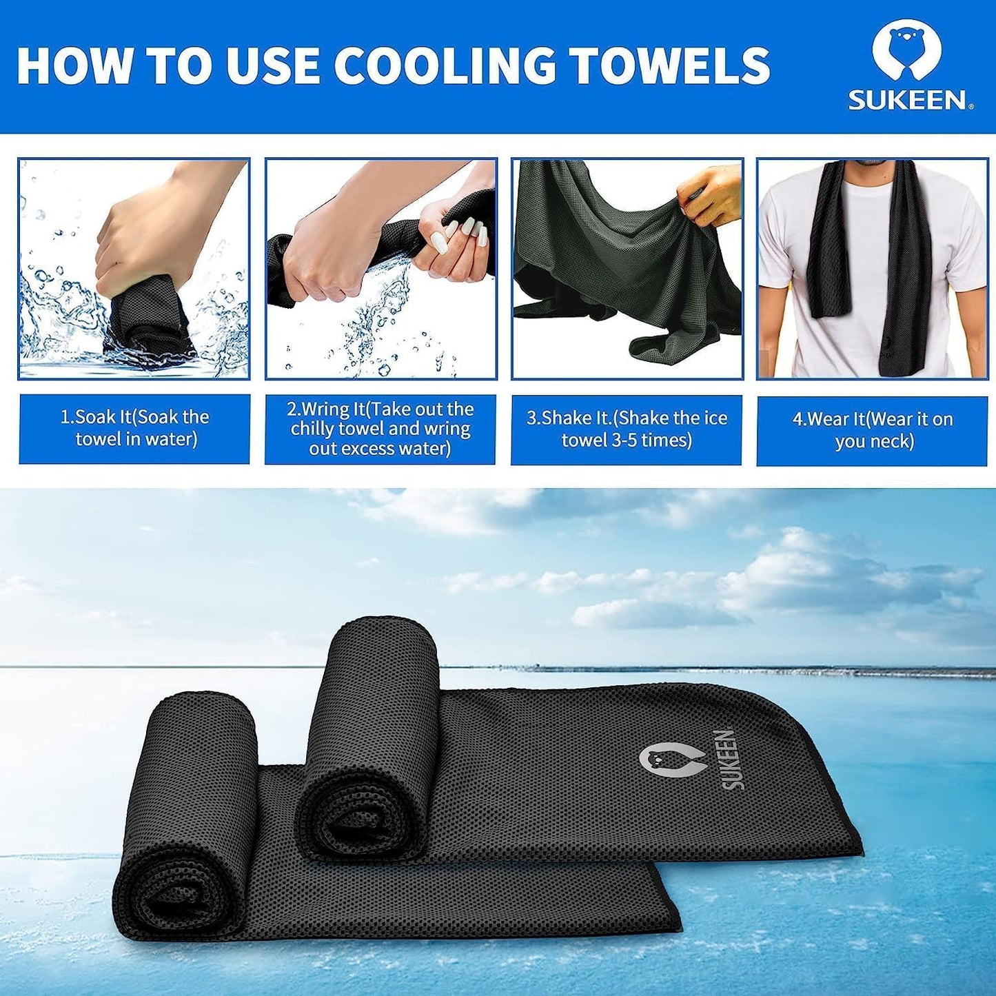 Sukeen Cooling Towels 6 Pack (40"x12"), Cooling Neck Wraps, Ice Towels, Microfiber Breathable Cooling Towel for Hot Weather, Sweat Towel for Gym, Sport, Running, Golf, Workout, Camping, Fitness