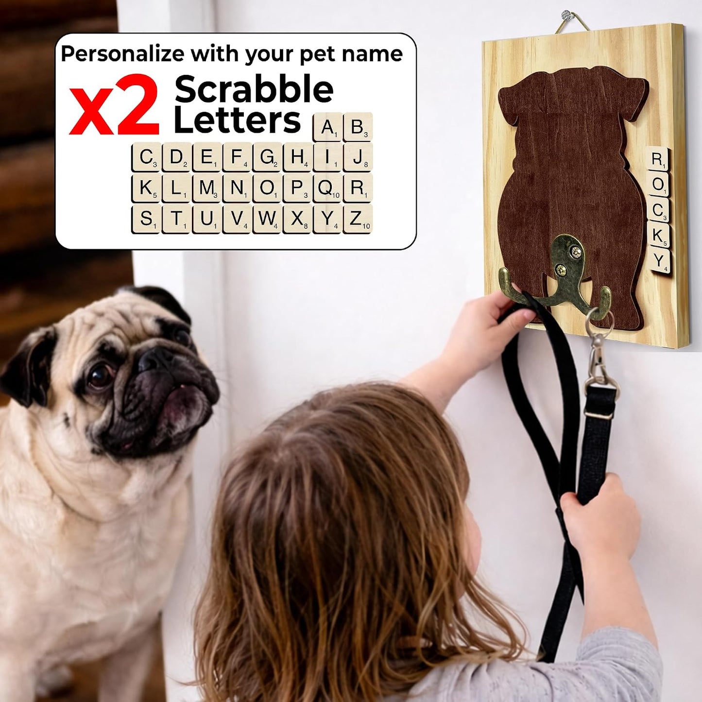 Dog Leash Holder Wall Mount, Pet Harness Hanger with Scrabble Letters, Dog Collar Organizer for Entryway, Memorial Cat Leash Holder for Wall, Pet Loss Gifts, Keepsake, Home Decor PF212-NAT