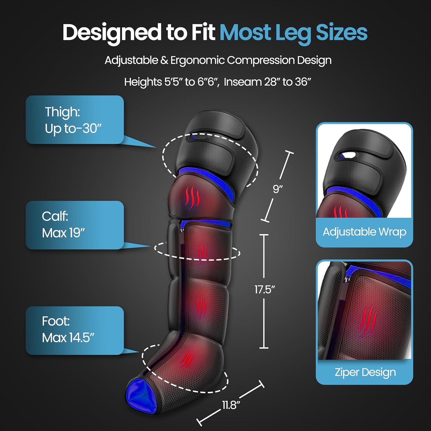 Leg Massager with Heat for Feet, Calves & Thighs, Air Compression | Handheld controller, 9 intensities, 6 modes, 3 heat levels; feet, calves & thighs, circulation & pain relief, USA Owned