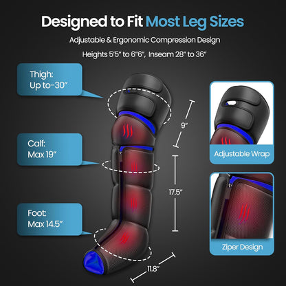 Leg Massager with Heat for Feet, Calves & Thighs, Air Compression | Handheld controller, 9 intensities, 6 modes, 3 heat levels; feet, calves & thighs, circulation & pain relief, USA Owned