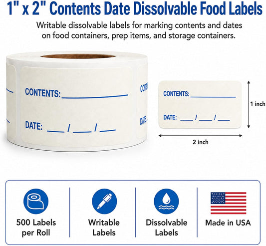 Water Dissolvable Contents & Date Food Labels, 1 x 2, 500/Roll | Write-On Rotation Stickers for Canning Jars, Restaurant Prep, Meal Storage, Freezers and Reusable Containers. Made in USA