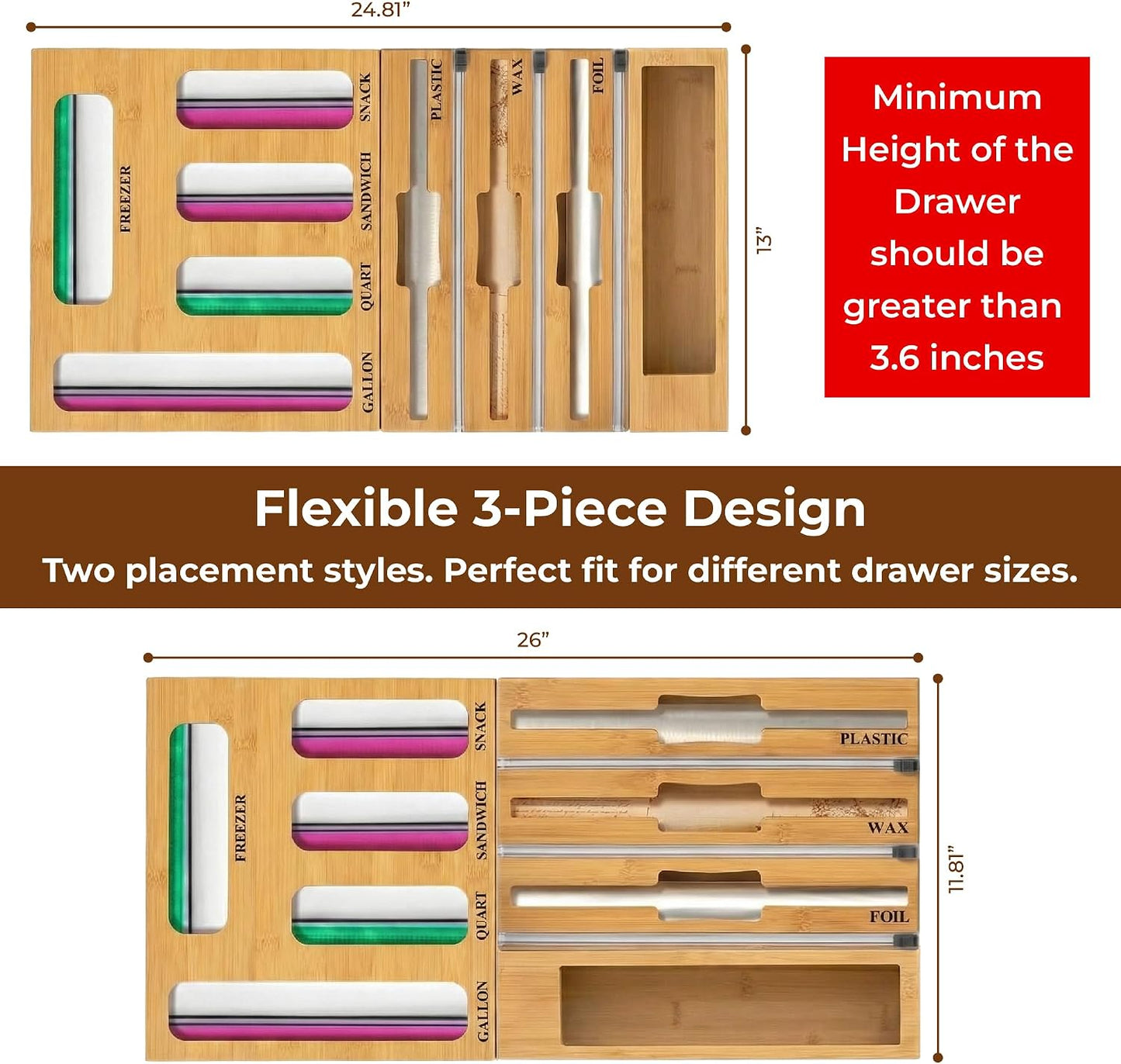 9-in-1 Bamboo Kitchen Drawer Organizer - Storage Bag Holder with Built-In Foil & Wrap Cutter Dispenser - Wooden Food Storage Bag Organizer for Gallon, Quart, Sandwich and Snack Sizes