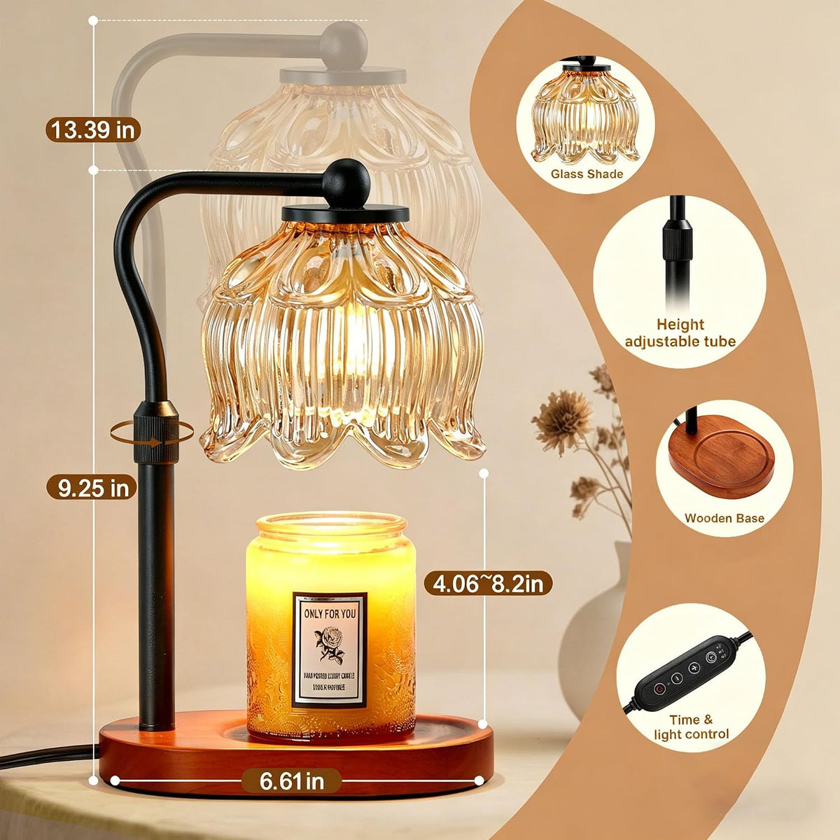 CASTLELIFE Electric Candle Warmer Lamp with Timer & Dimmer, Height Adjustable Wax Warmer for Jar Candles, Flower Wax Melter with Wood Base, Home Decor House Warming Gifts for Women Mom, Natural Wood