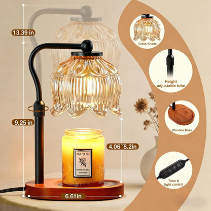 CASTLELIFE Electric Candle Warmer Lamp with Timer & Dimmer, Height Adjustable Wax Warmer for Jar Candles, Flower Wax Melter with Wood Base, Home Decor House Warming Gifts for Women Mom, Natural Wood