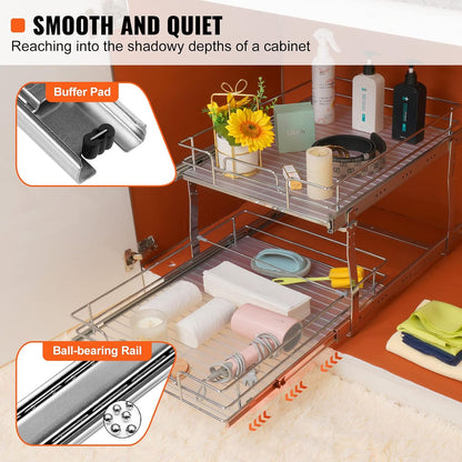 VEVOR Pull Out Cabinet Organizer, 14" Wx21.2 Dx15.2 H Heavy 2 Tier Duty Slide Out Pantry Shelves, Chrome-Plated Steel Roll Out Drawer for Under Sink, 15.5" Wx22.5 Dx19 H Install Size for Cabinet