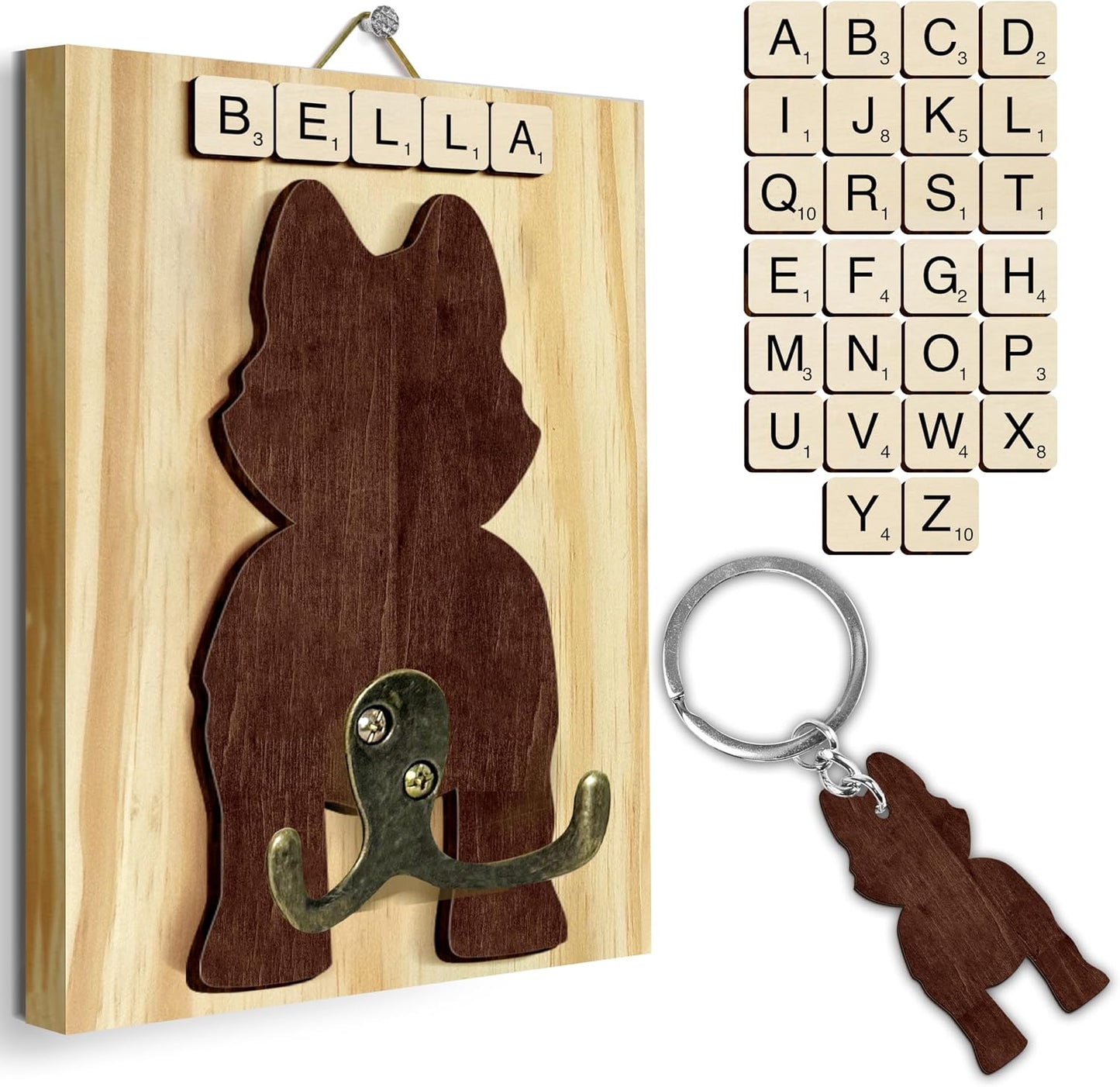 Dog Leash Holder Wall Mount, Pet Harness Hanger with Scrabble Letters, Dog Collar Organizer for Entryway, Memorial Cat Leash Holder for Wall, Pet Loss Gifts, Keepsake, Home Decor PF212-NAT