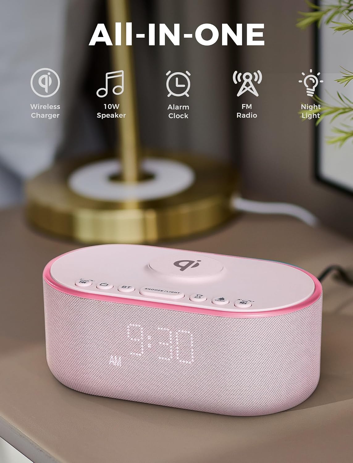 Odokee Qi Certified Wireless Charging Alarm Clock Radio for Bedroom
