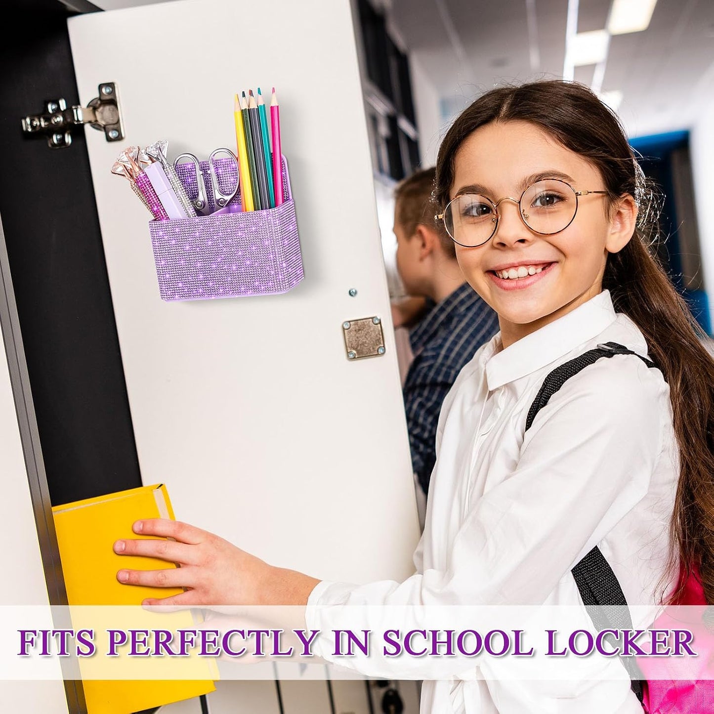 MotiMind Purple Locker Accessories for Girls, Bling Magnetic Pen Holder for Refrigerator, Back to School Rhinestone Marker Holder for Locker, Sparkly Gift for Student (Medium,Rhinestone)