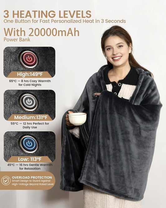 MIMYTH Cordless Heated Blanket with Hood, Rechargeable Wearable Heated Blanket Battery Powered, Lasting Battery, 9 Heating Zones, 3 Levels, Portable Heated Throw, Camping (Warm Stone Gray)
