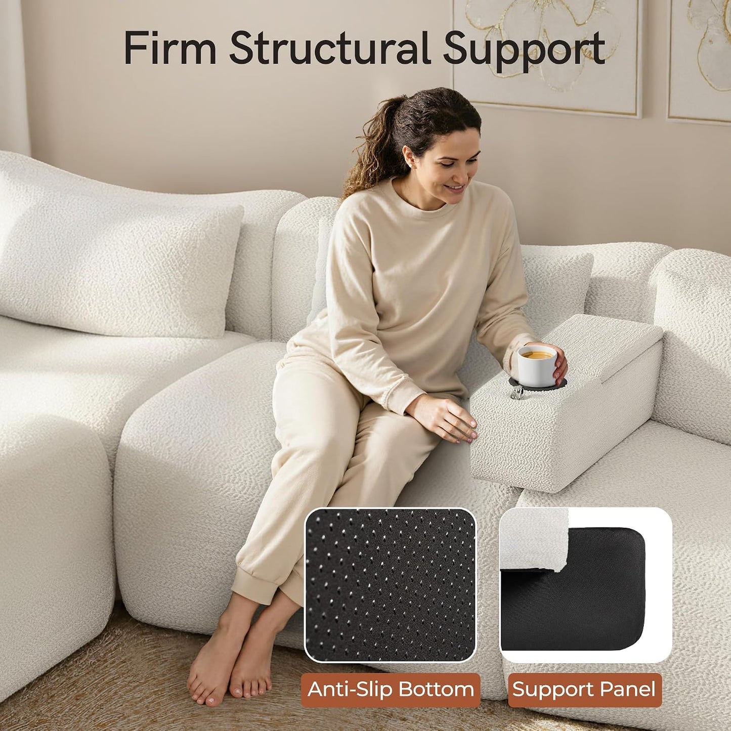 Couch Caddy with Cup Holder, 20.3 Inch White Armrest Console | Removable Sofa Armrest Organizer with Charging and Phone Holder, Storage for Remotes, Snacks and Everyday Essentials