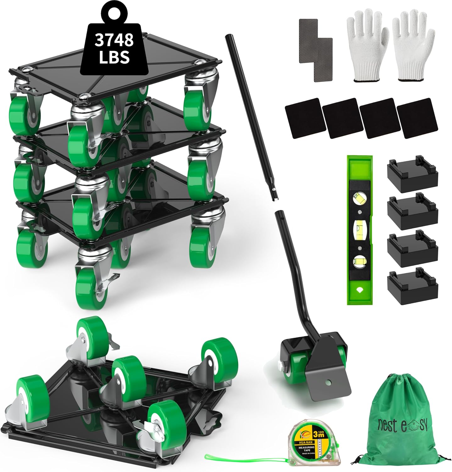 Heavy Duty Furniture Dolly 360 Rotate 5 Wheels 3000 Lbs Capacity 5.3x5.3 in | Furniture Movers with Green Wheels, Measure Tape & Leveler, Alloy Steel Furniture Lifter Tool for Smooth Home & Office Uses