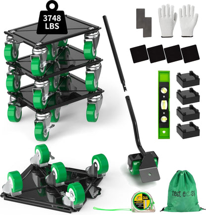 Heavy Duty Furniture Dolly 360 Rotate 5 Wheels 3000 Lbs Capacity 5.3x5.3 in | Furniture Movers with Green Wheels, Measure Tape & Leveler, Alloy Steel Furniture Lifter Tool for Smooth Home & Office Uses