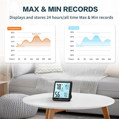 DOQAUS Hygrometer Indoor Thermometer Backlight Humidity Meter Black | 3.05in Large LCD Display, Digital Temperature Humidity Monitor with Max Min Records for Home, Bedroom, Baby Room, Greenhouse