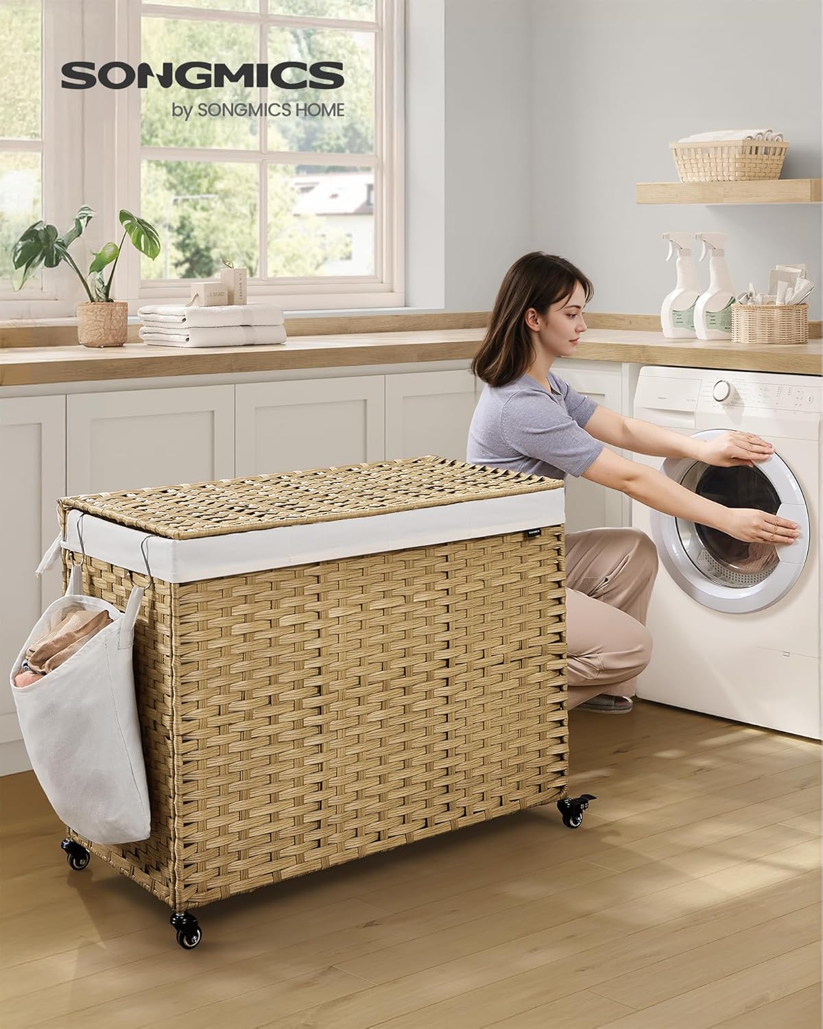 SONGMICS Laundry Hamper with Lid, 42.3 Gallons (160 L), Rolling Laundry Basket with Wheels, 3-Section Synthetic Rattan, Removable Liner, Bedroom, 29.9 x 13 x 26 Inches, Natural ULCB365N01