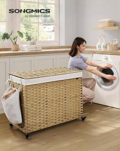 SONGMICS Laundry Hamper with Lid, 42.3 Gallons (160 L), Rolling Laundry Basket with Wheels, 3-Section Synthetic Rattan, Removable Liner, Bedroom, 29.9 x 13 x 26 Inches, Natural ULCB365N01