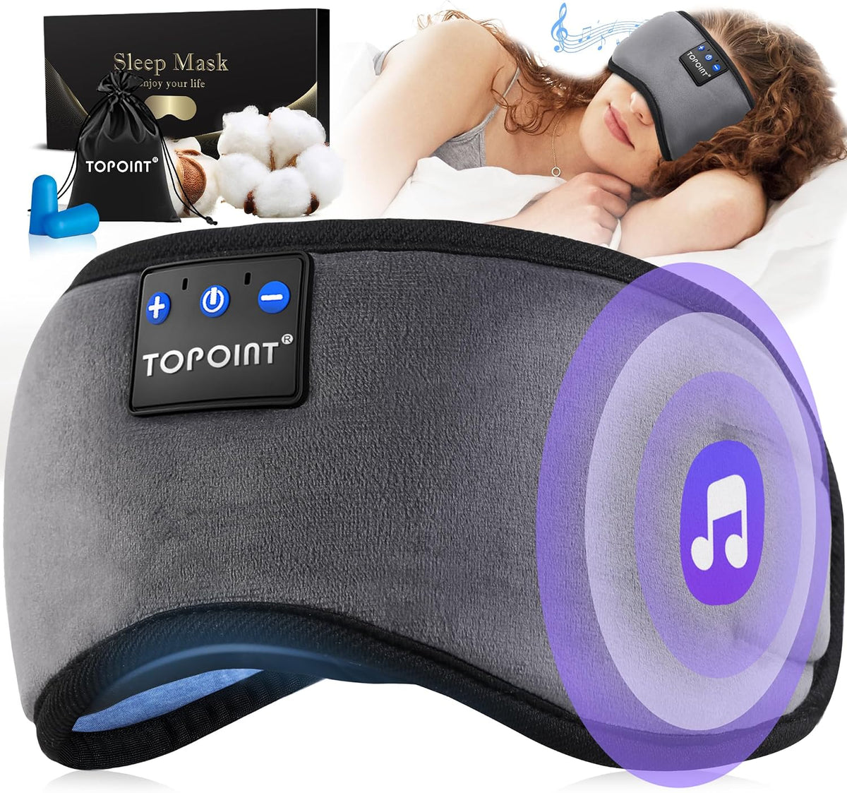 TOPOINT Sleep Mask Headphones Bluetooth Wireless 5.4, Breathable Cotton Eye Mask for Sleeping Side Sleepers Travel Music Headsets with Microphone Handsfree Men Women