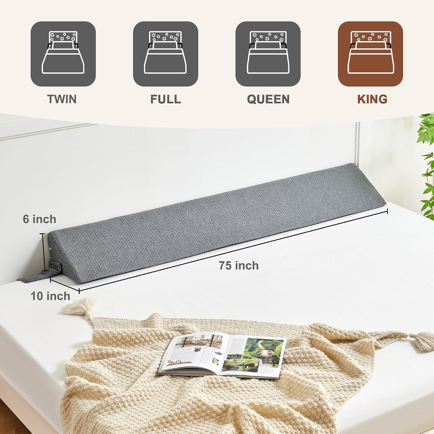 IFNOW Queen Size(60"x6"x10") Bed Wedge Pillow for Headboard, Mattress Gap Filler(0-8"), Bed Wedge for Gap Between Your Headboard and Mattress Dark Grey | High-Density Foam,Fills 0-8"Mattress Gap,Prevents Pillow & Items Falling,Works with Headboard or