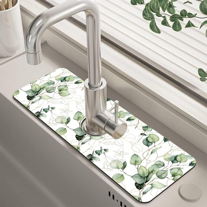Abstract Watercolor Leaves Sink Faucet Absorbing Mat Sink Splash Guard Faucet Mat Draining Mat Fast Drying Sink Protectors for Kitchen and Bathroom 5.5"×15"