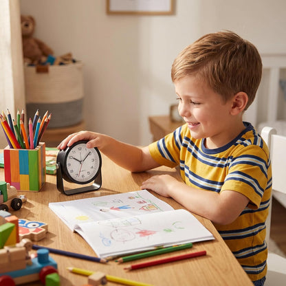 Small Desk Alarm Clock for Kids, 3.5 Inch Battery Operated Analog Silent Clock with Adjustable Angle and Warm Night Light, Cute Vintage Metal Bedside Clock for Children's Room Boys Girls（black）