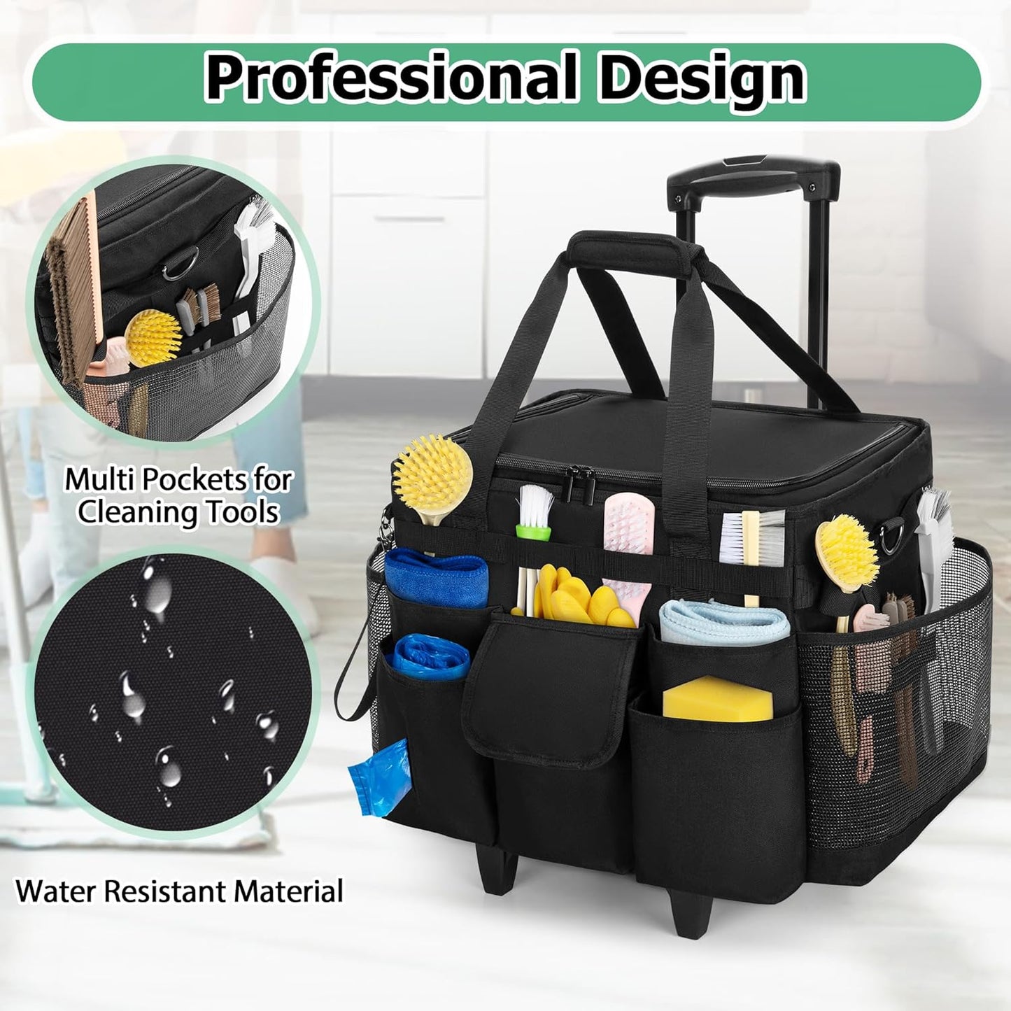 LoDrid Rolling Cleaning Caddy with Lid and Detachable Trolley, Black | Cleaning Supplies Organizer, Cleaning Caddy Cart on Wheels with Handle and Shoulder Strap for Housekeepers