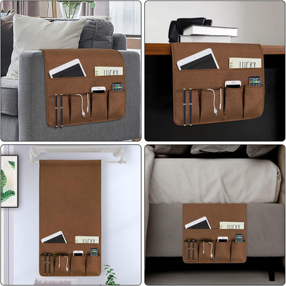 Remote Control Holders for Armchairs, Couch Caddy, Featuring Non-Slip Bases | 5 Pockets Bedside Storage Pocket for TV Remote Holder, Phone Tablet Kindle, Magazines, Gifts for Seniors (Beige, 35"X12.4")