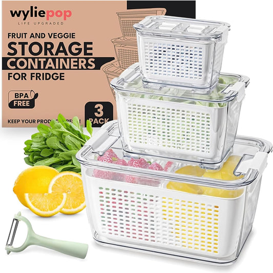 Premium Fruit Storage Containers for Fridge with Veggie Peeler – 3-in-1 Produce Containers for Fridge with Strainer & Removable Colander – Large, Clear Fruit and Vegetable Storage Organizer (Set of 3)