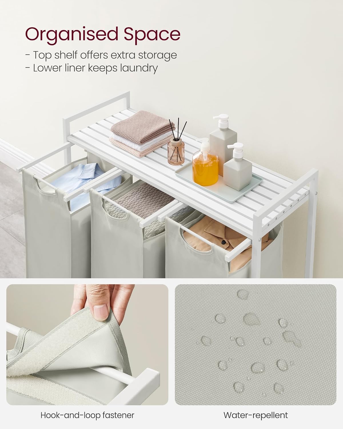 VASAGLE Laundry Hamper, Laundry Basket Sorter with 3 Pull-Out and Removable Bags, Shelf, Metal Frame, 3 x 10.6 Gallons (40 L), 36.4 x 13 x 28.4 Inches, Cappuccino Beige and Natural Beige UBLH301LH01