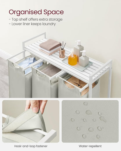VASAGLE Laundry Hamper, Laundry Basket Sorter with 3 Pull-Out and Removable Bags, Shelf, Metal Frame, 3 x 10.6 Gallons (40 L), 36.4 x 13 x 28.4 Inches, Cappuccino Beige and Natural Beige UBLH301LH01