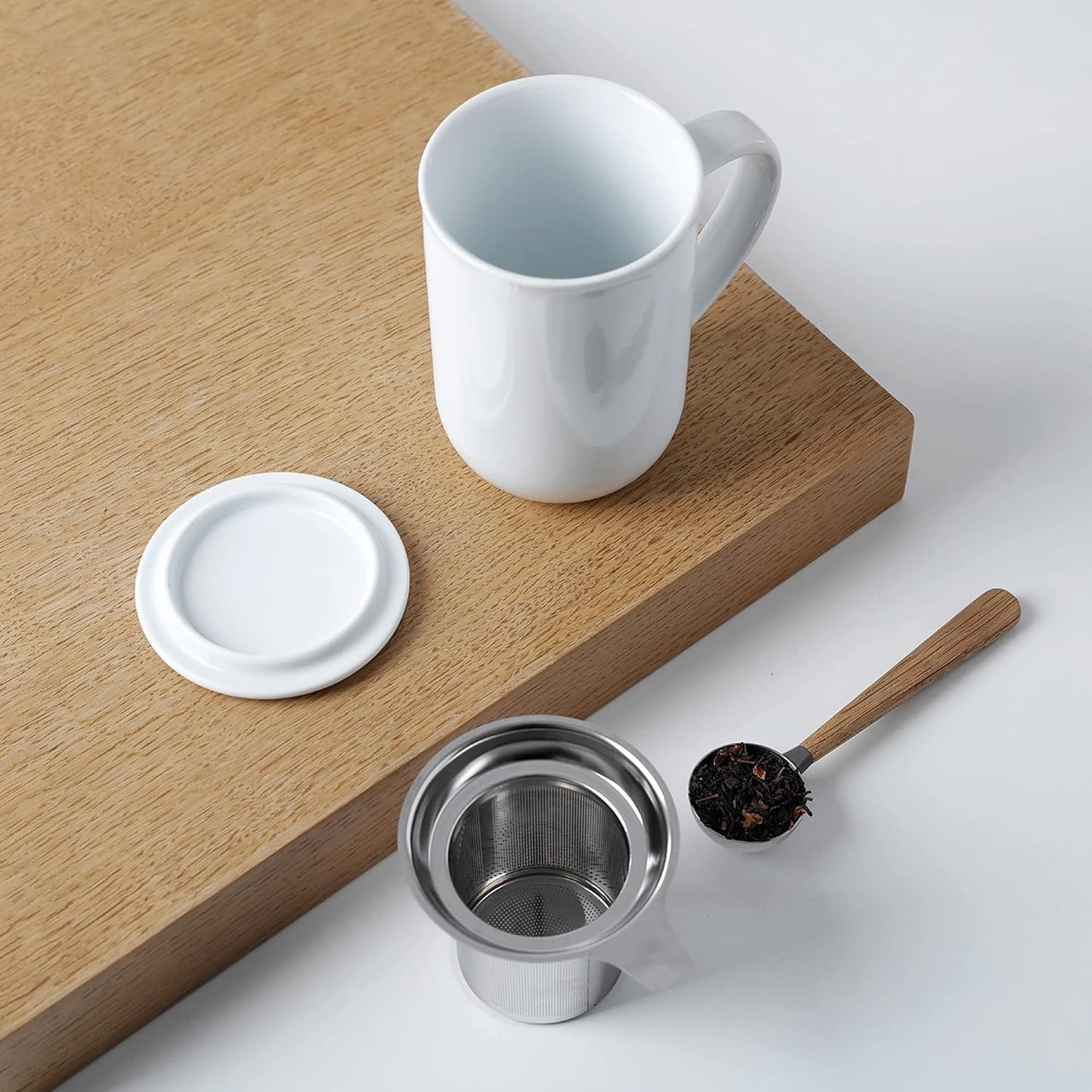 VIVA Minima Balance Porcelain Tea Cup with Infuser and Lid, Dishwasher Safe Stainless Steel Tea Infuser Mug for Loose Leaf Tea Brewing, 17 oz / 500 ml - Hazy Blue