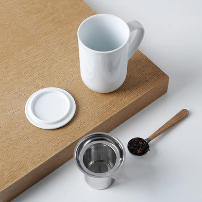 VIVA Minima Balance Porcelain Tea Cup with Infuser and Lid, Dishwasher Safe Stainless Steel Tea Infuser Mug for Loose Leaf Tea Brewing, 17 oz / 500 ml - Hazy Blue