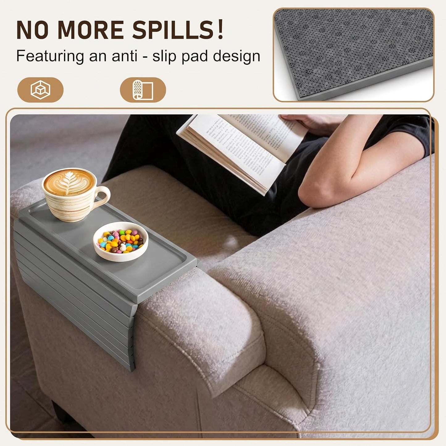 Acacia Wood Couch Armrest Table, Couch Arm Tray, Foldable Anti-Slip Wood Couch Tray, Sofa Cup Holder for Drink Snacks Remote Control