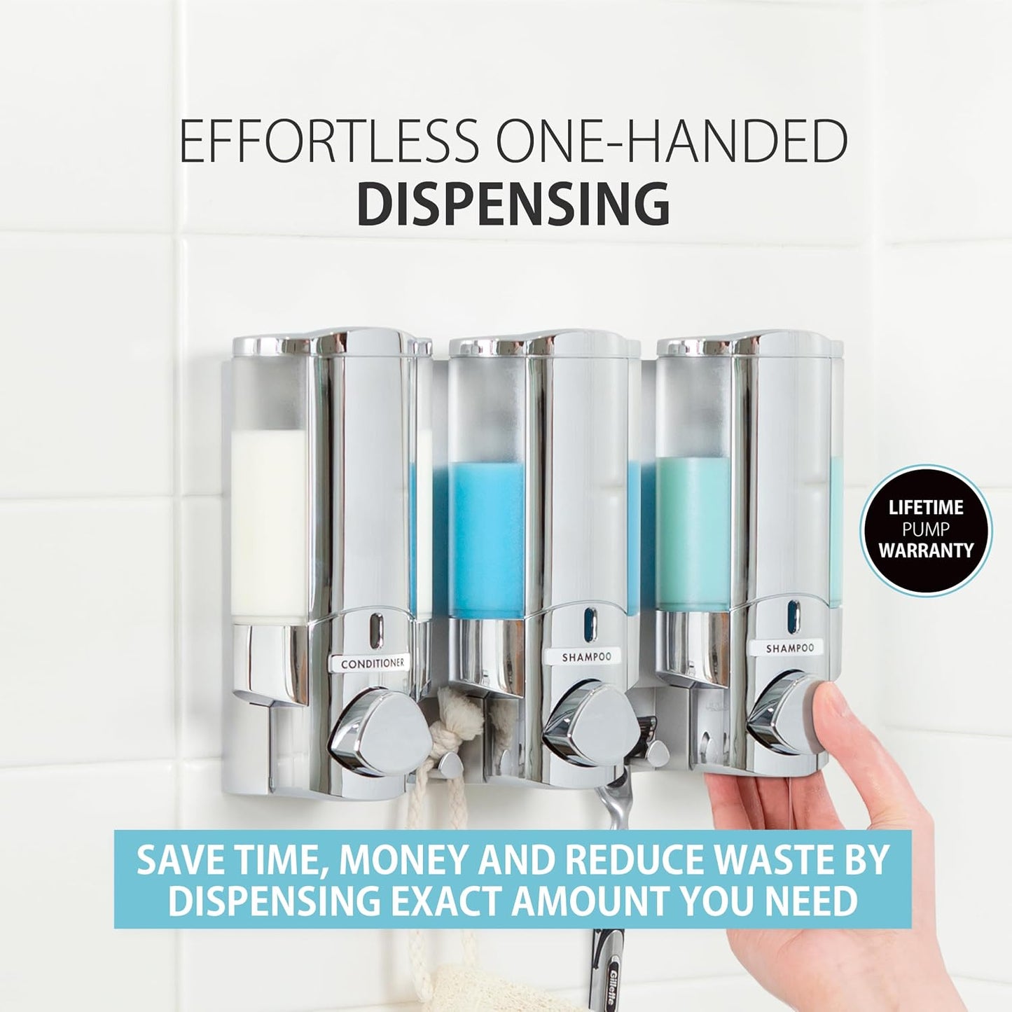 Better Living Aviva Wall Mount Shower Dispenser, 3 x 11 oz, Satin Silver | 3 Chamber, Shower Dispenser for Bathroom, Built-in Hooks, No Drill, Waterproof Dispenser Pump
