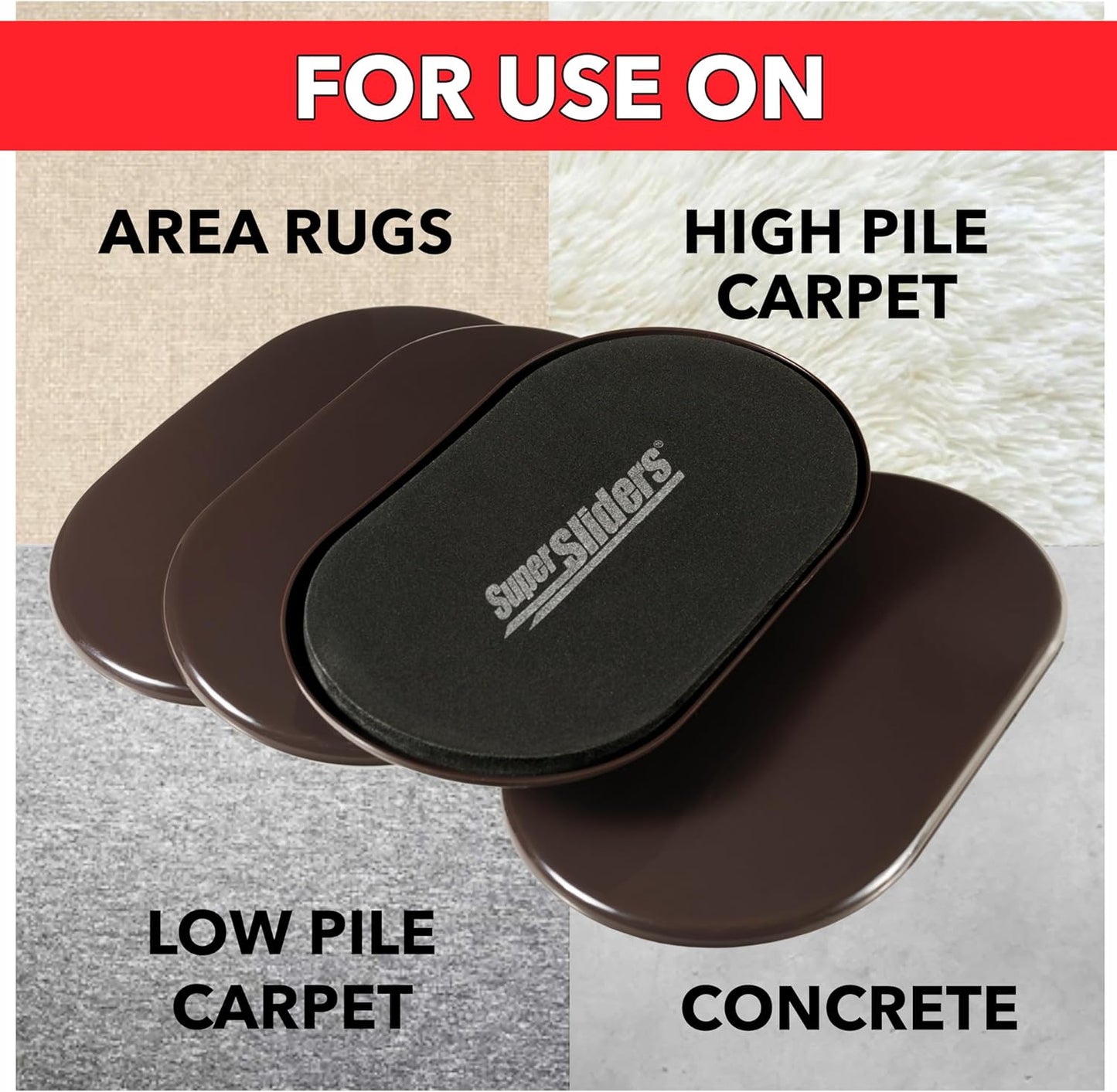 Super Sliders 5-3/4" x 9-1/2" XL Oval Reusable Furniture Sliders for Carpet, Anti-Slip Protective Furniture Moving Pads for Beds, Sofas, Dressers, Set of 8, Brown
