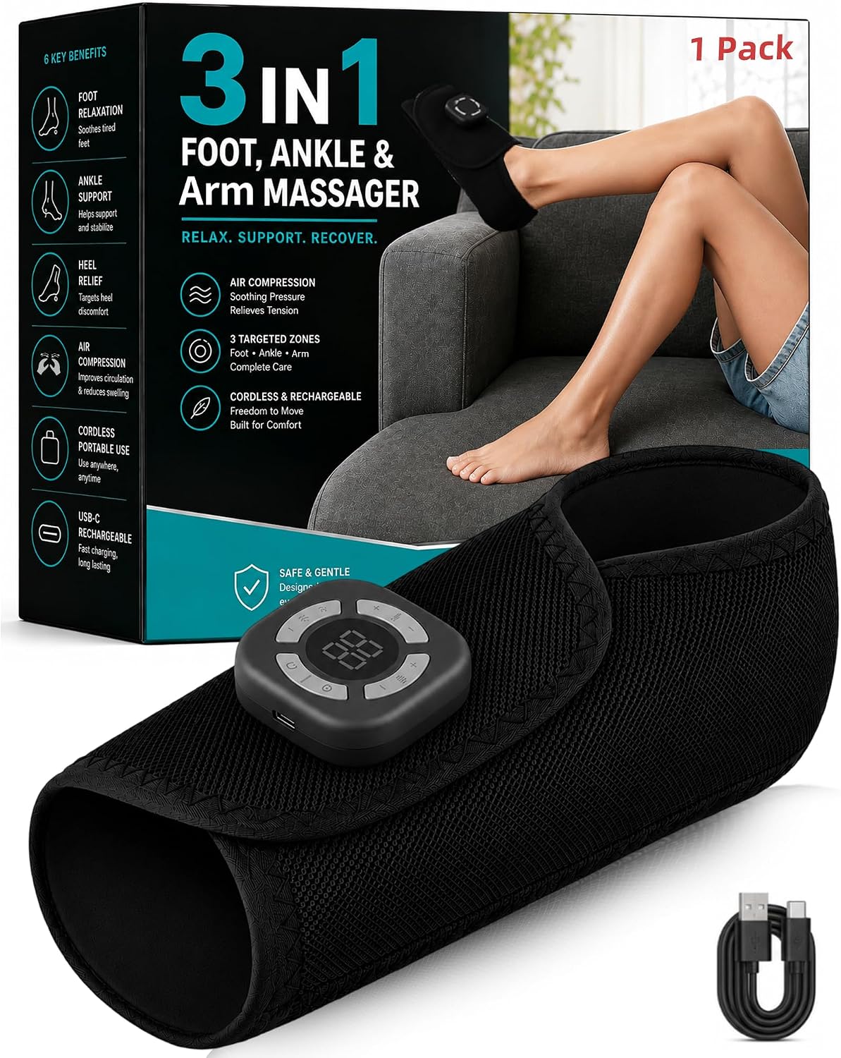 Cordless Air Compression Foot and Ankle Massager with Heat,1Wap | Portable Heat & Vibration Wrap for Tired Feet, Sore Arms & Swollen Ankles; Cordless, Rechargeable Gift for Men and Women