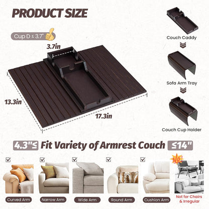 GEHE Couch Cup Holder, Anti Falling Sofa Arm Tray, Natural Bamboo Sofa Cup Holder More Safe for Your Family, Portable Couch Arm Tray Armrest Table for Remote, Snacks, Drinks