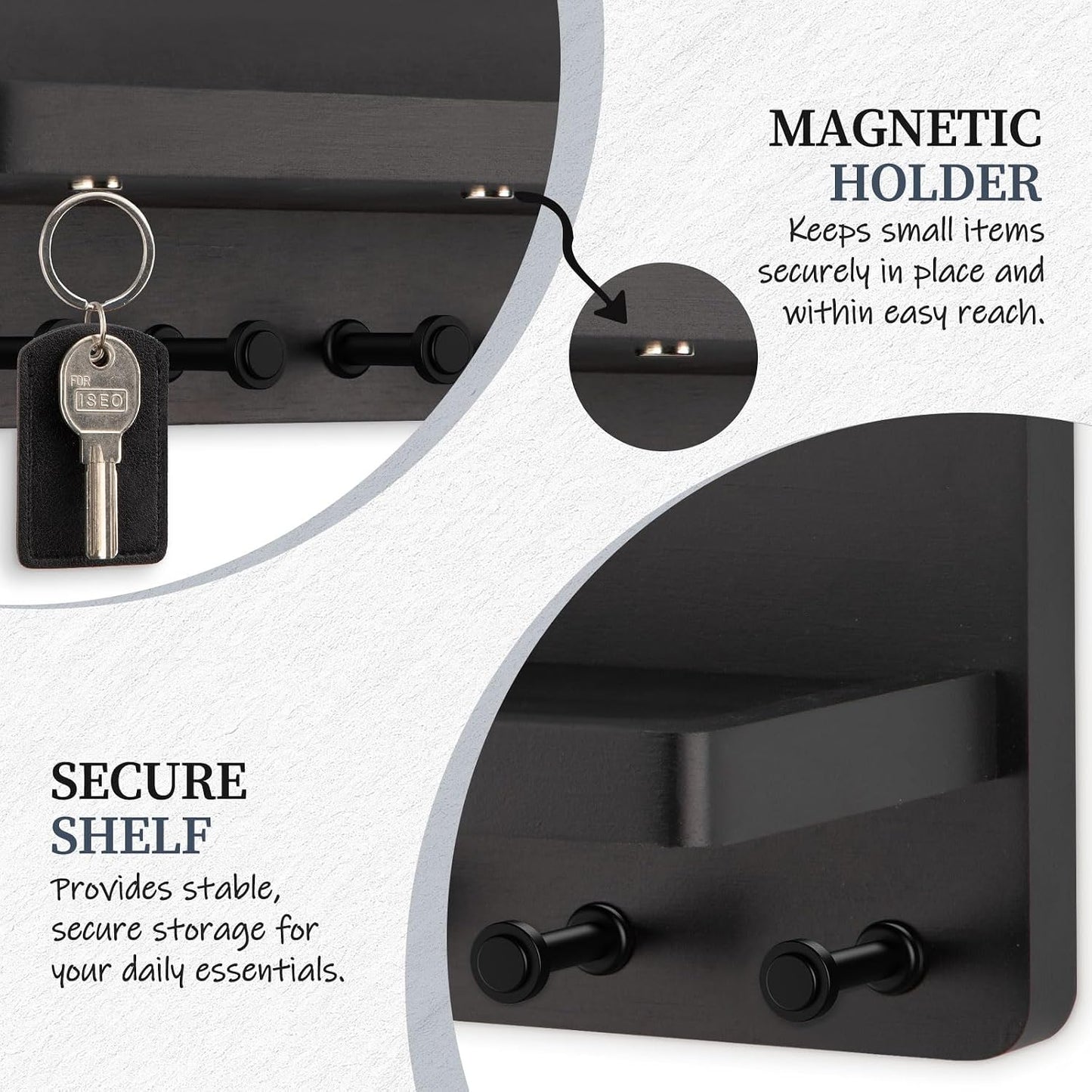 Nekon Key Holder for Wall with Shelf, Pine Wooden Key Hanger, Black | Small Wall Mounted Key Holder with 4 Hooks, Farmhouse Wall Organizer for Home Entryway & Apartment