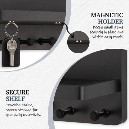 Nekon Key Holder for Wall with Shelf, Pine Wooden Key Hanger, Black | Small Wall Mounted Key Holder with 4 Hooks, Farmhouse Wall Organizer for Home Entryway & Apartment