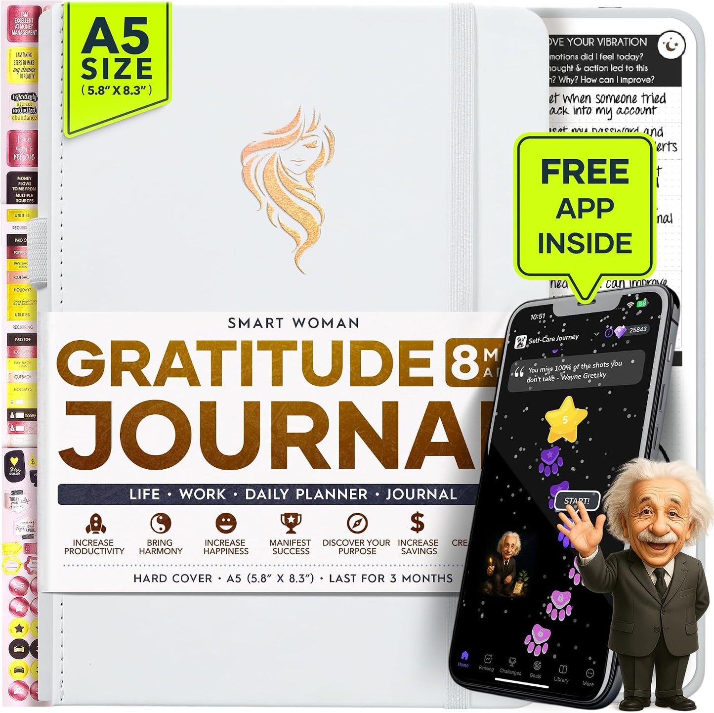 Freedom Mastery Daily Journal of Gratitude, Productivity & Habit Tracker | Undated 90-Day Planner with Daily Reflection, Mindfulness, Positivity, Vision Board & Stickers, Gratitude Journal for Women