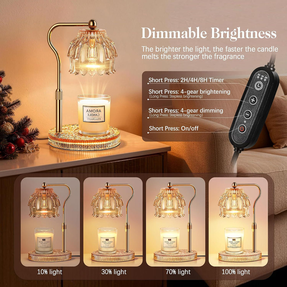 Candle Warmer Lamp with Timer Dimmer, Modern Wax Warmer for Scented Wax Jar Candle Warmer with 2 Bulbs, Adjustable Height Glass Lamp for Gifts for Women, Home Decor, Gold Amber