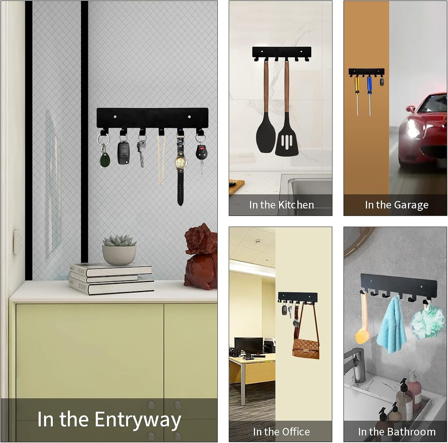 GTK Key Holder for Wall Key Hooks with Tray and 6 Hooks, Wall Mounted Key Holder for Hallway, Key Rack with Shelf for Mail Storage (Black)