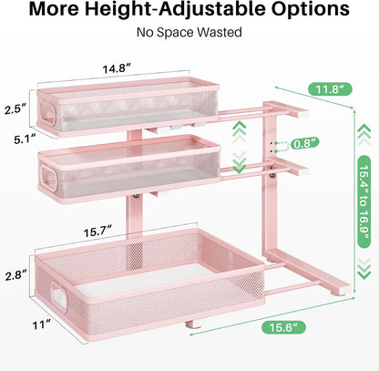 Kitstorack Under Sink Organizer, 2-Pack 3-Tier Height Adjustable Thickened Metal Pull out Cabinet Organizer Shelf, Slide out Storage Drawer Rack for Bathroom Kitchen Pantry Home Laundry Organization