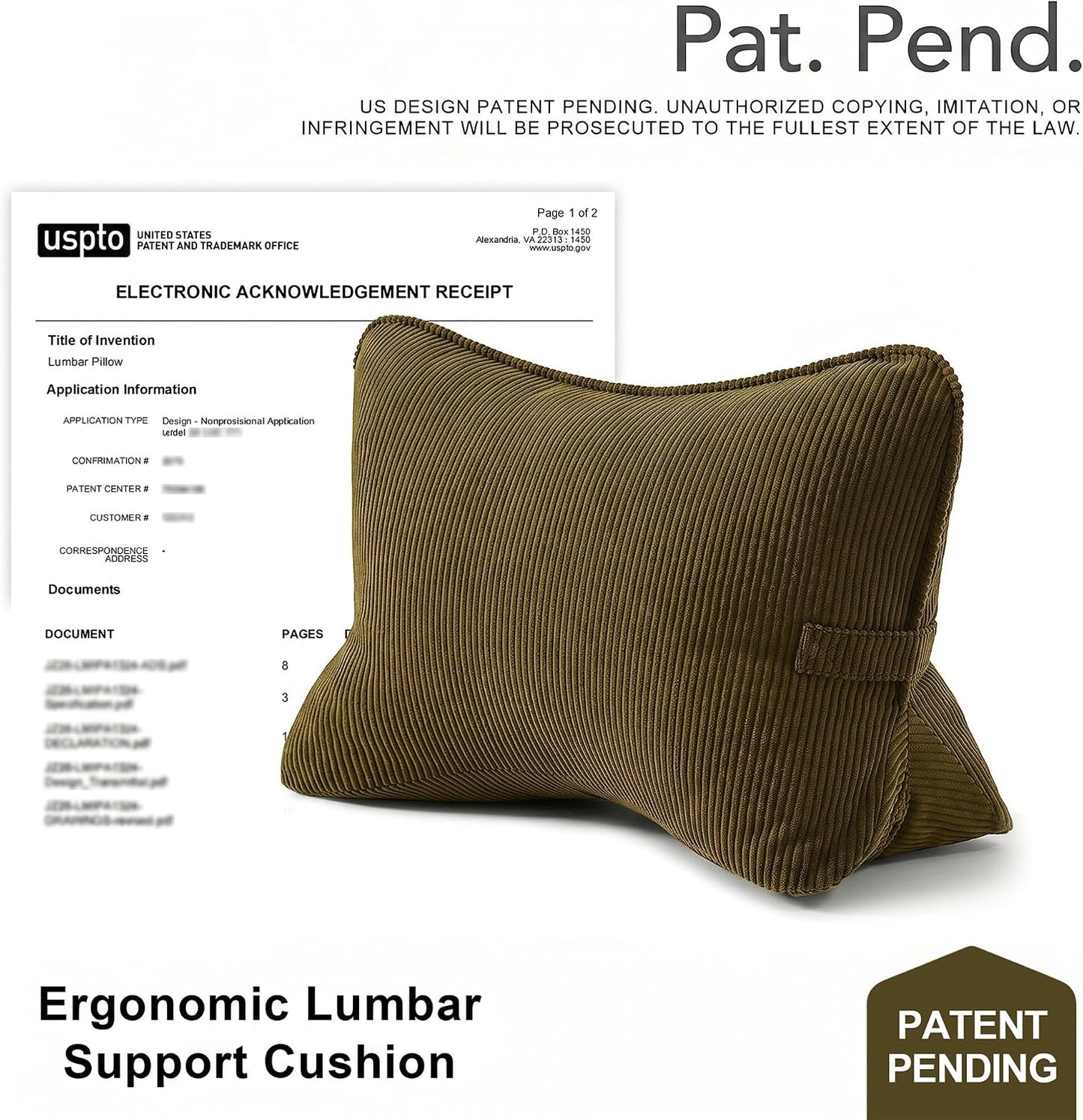 Pat. Pend. Corduroy Lumbar Support Back Pillow for Watching TV, Reading & Gaming, Ergonomic Triangle Support Cushion for Sofa, Armchair & Bed Sitting, Removable Washable Cover, Beige Gray