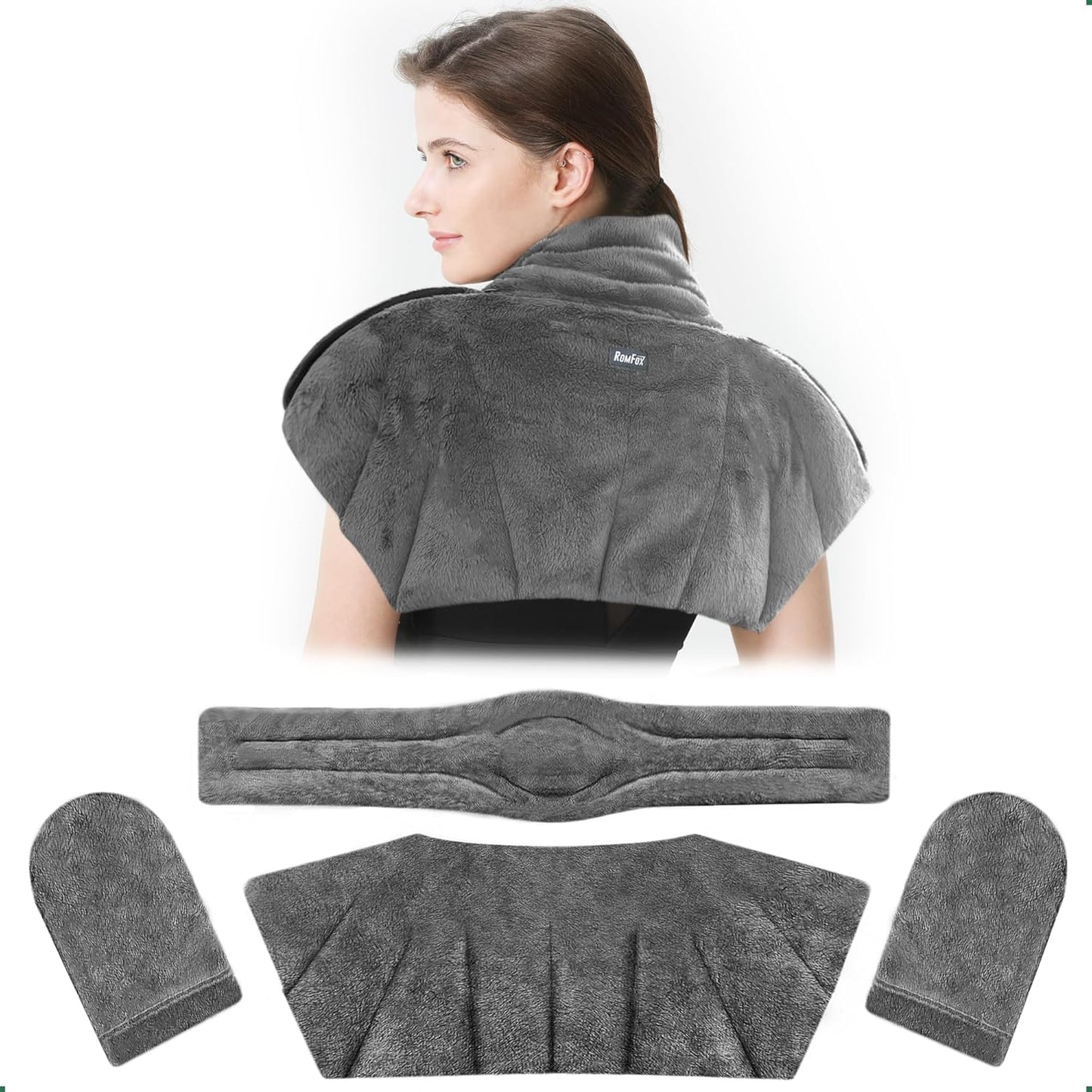 Romfox 4-in-1 Detachable Microwavable Heating Pad for Back, Neck, Shoulder and Waist - Modular Moist Heat Pack for Body Pain Relief - Reusable Hot & Cold Therapy Set