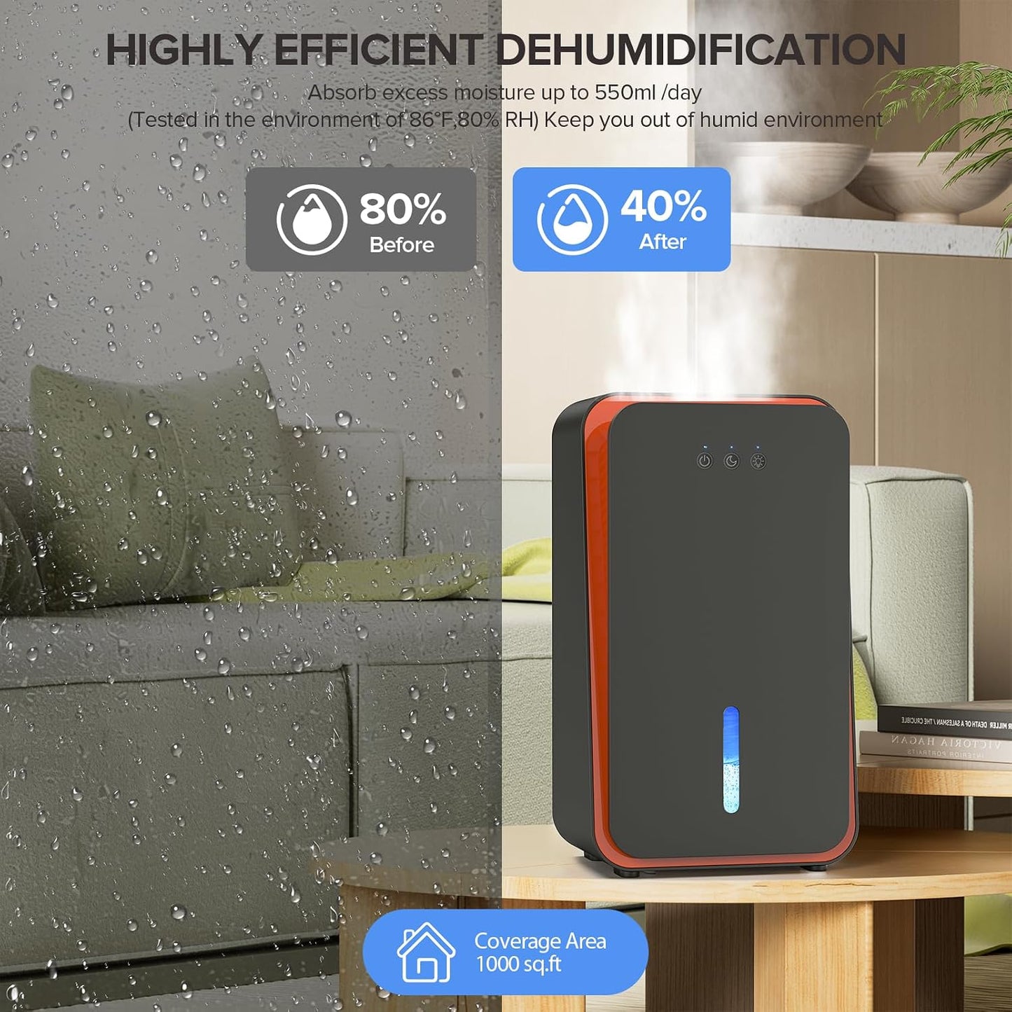 1000 sq.ft Dehumidifier for Home, Dehumidifiers for Basement, Bathroom, Bedroom with Auto Shut Off and Drain Hose, Built-in Aromatherapy Diffuser, 7 Colors LED Light, Quiet Sleep Mode(CS08-Cream)