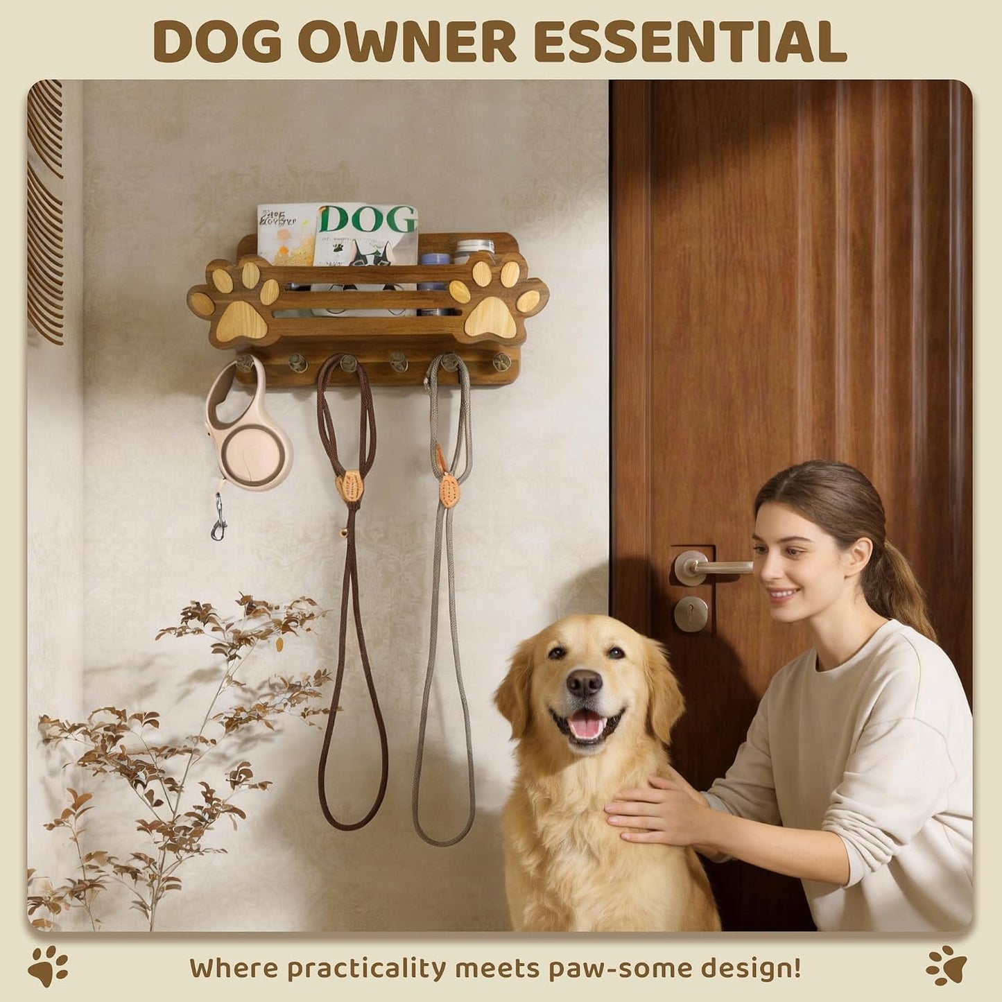 MTERSN Dog Leash Holder for Wall with Wall Shelf for Dog Lover, White | 3D Paw-print Design, Mail Holder for Wall with 6 Hooks for Dog Leash & Sunglasses, Put Dog Food Container, Rustic Home Decor