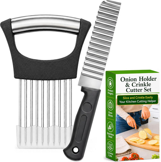 Onion Holder for Slicing & Crinkle Cutter Knife, 2 Piece Kitchen Prep Tool Set, Stainless Steel Onion Slicer Prongs, Wavy Knife, Potato Cutter for Fries, Tomato, Cucumber, Carrot