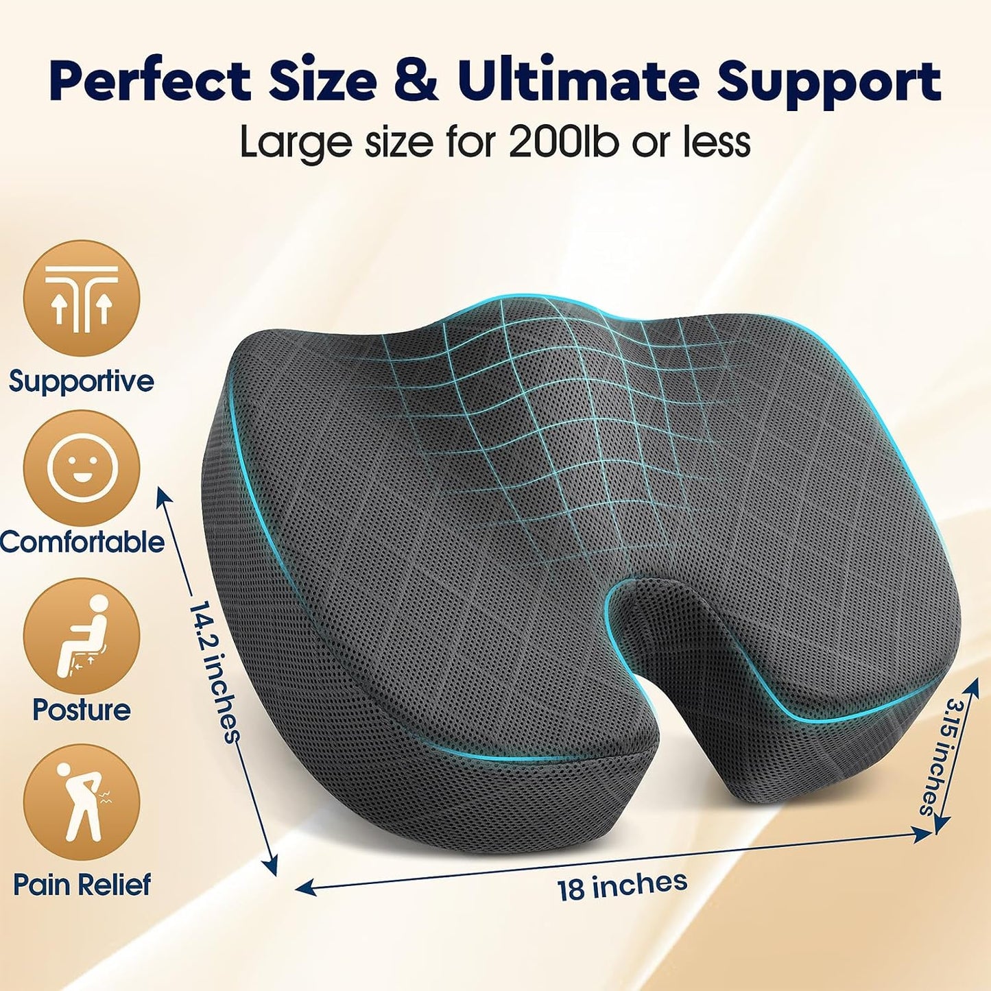 TushGuard Office/ Car Seat Cushion, Non-Slip Sciatica & Back Coccyx Tailbone Pain Relief Chair Pad, Memory Foam Butt Pillow for Computer Desk, Wheelchair, Driving (Black)