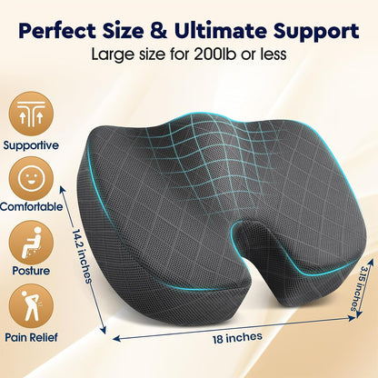 TushGuard Office/ Car Seat Cushion, Non-Slip Sciatica & Back Coccyx Tailbone Pain Relief Chair Pad, Memory Foam Butt Pillow for Computer Desk, Wheelchair, Driving (Black)
