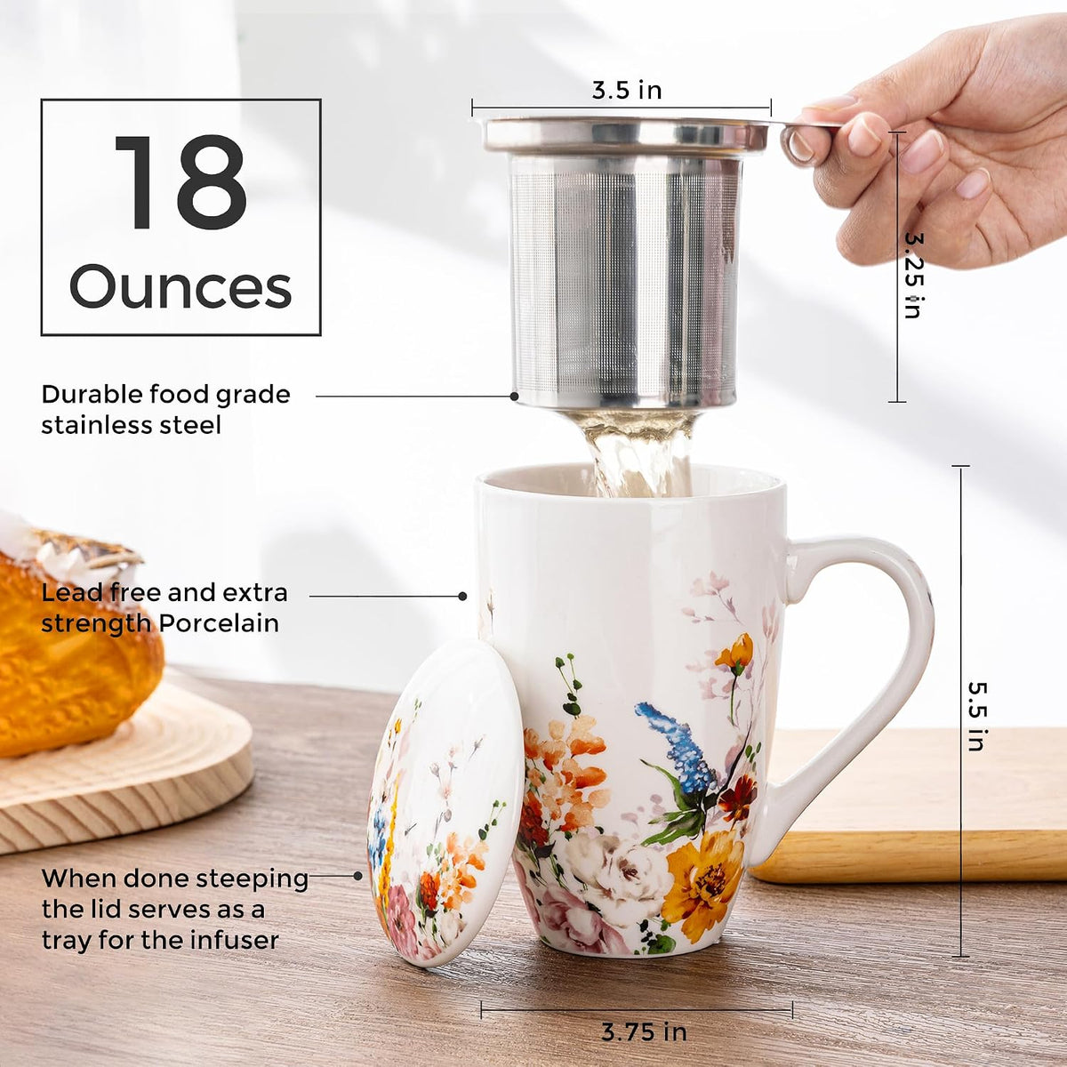 GBhome Tea Mug with Infuser and Lid,18 oz Loose Leaf Tea Cup with Steeper